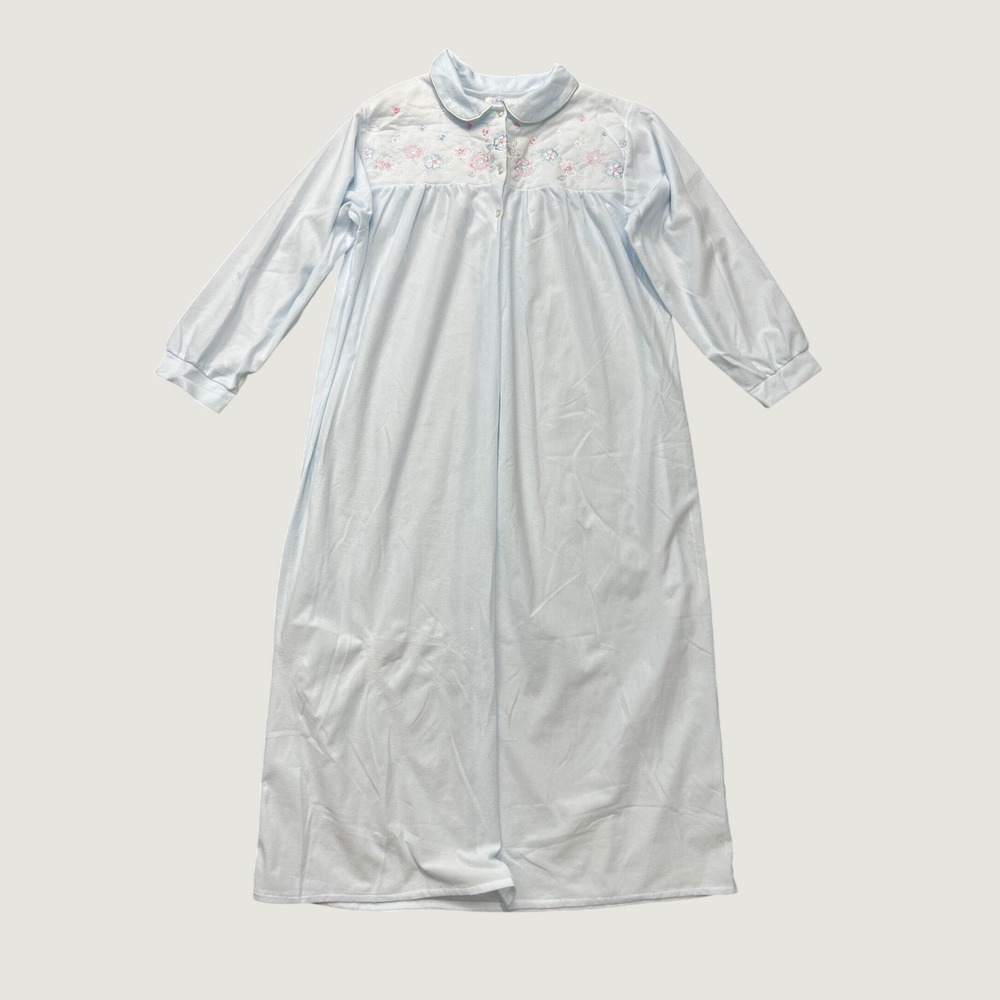 Katz Nightgown Women 1X Light Blue Floral Embroidered Vintage Long Sleeve USA